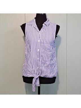 BeachLunchLounge Blue And White Striped Button Up Tie Front Tank Top Size Small